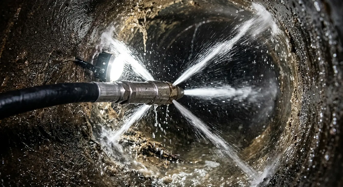 High-pressure hydro jetting nozzle cleaning sewer pipe for Emergency Drain Service in Dearborn Heights