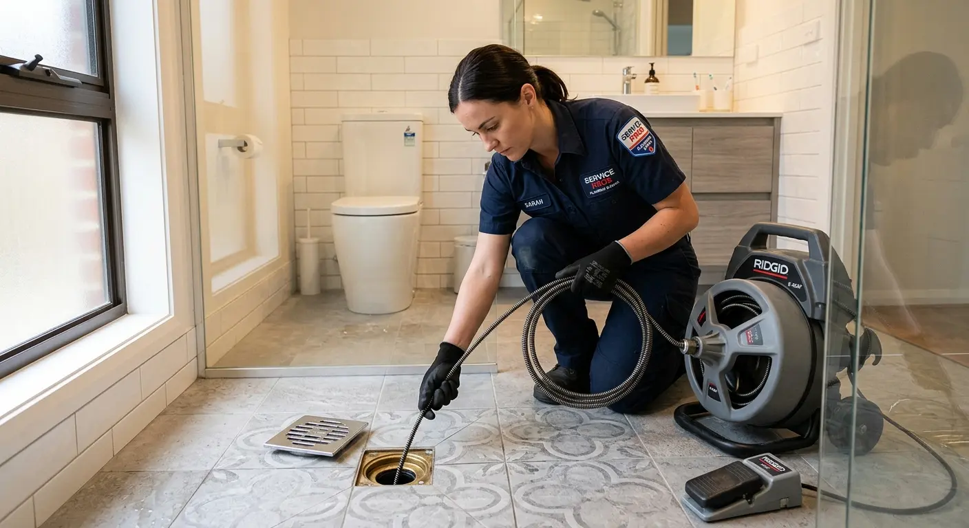 Technician clearing a bathroom floor drain for Drain Repair in Dearborn Heights